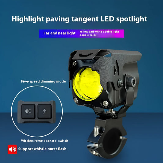Motorcycle and car LED spotlight kit with integrated lens, wireless remote switch, and mounting brackets.