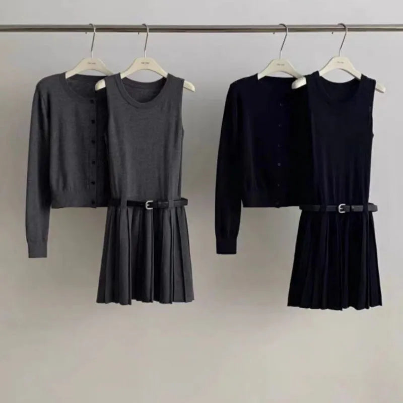 Women's grey art retro vest skirt and long-sleeved cardigan set with 3D pattern and adjustable belt.