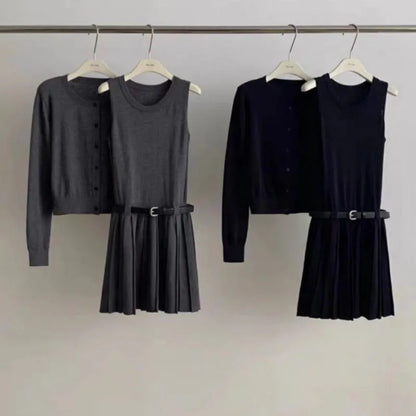 Women's grey art retro vest skirt and long-sleeved cardigan set with 3D pattern and adjustable belt.