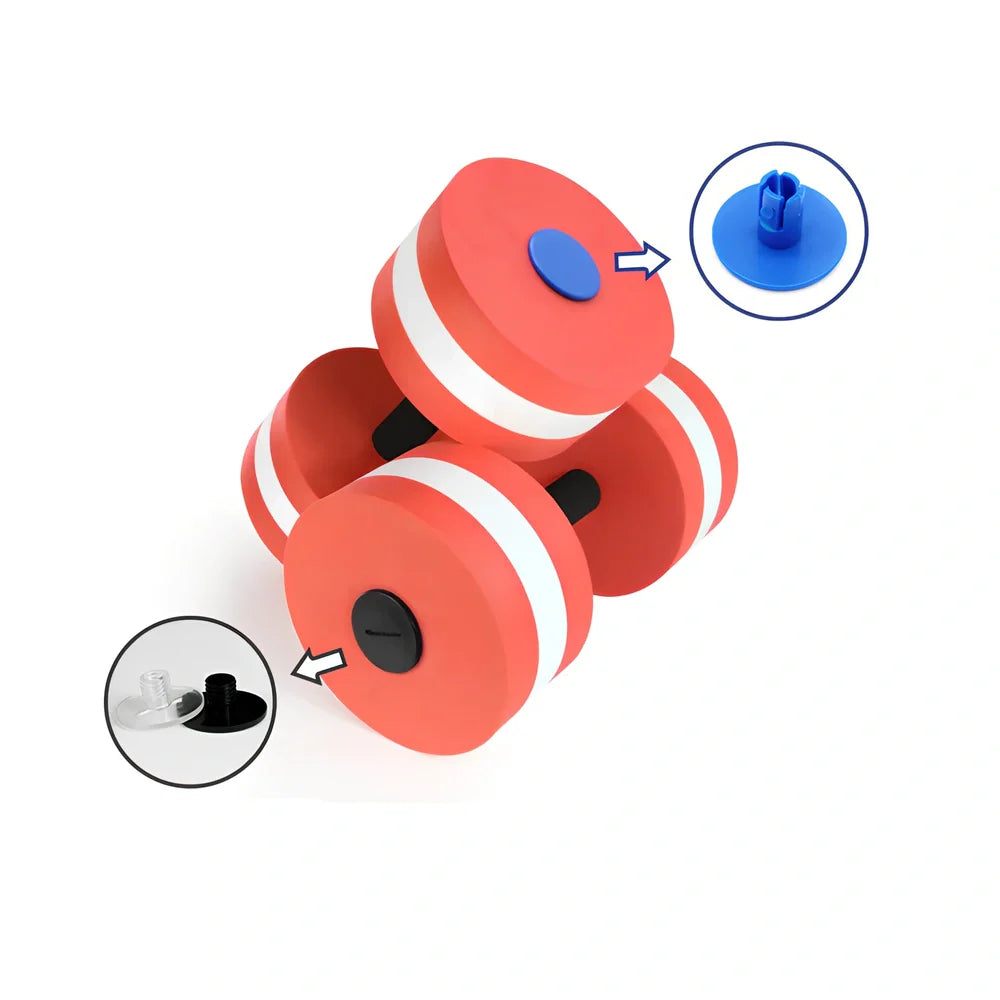 Pair of rose red EVA foam water aerobics dumbbells with 15cm diameter and snap-type connection