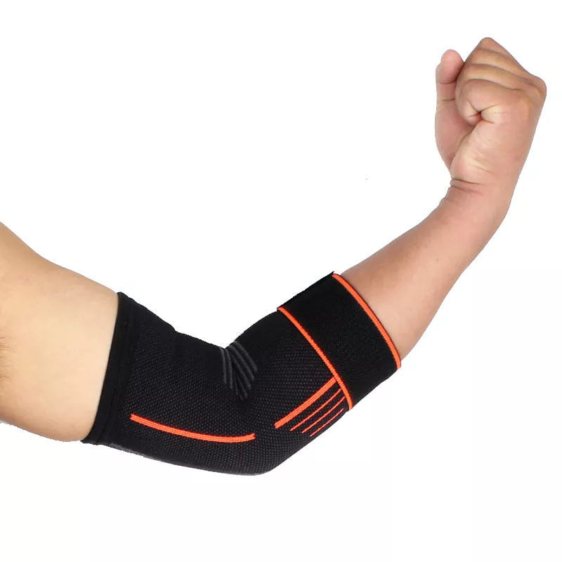 Breathable knitted sports elbow guard with adjustable straps in black and orange