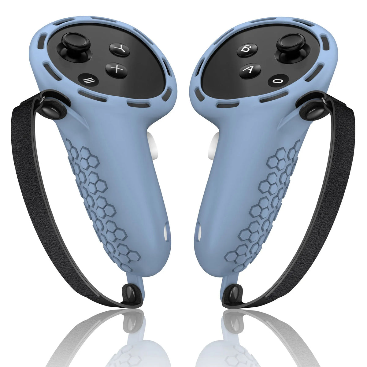 Meta Quest 3 VR controller with black silicone protective sleeve and wrist strap attached