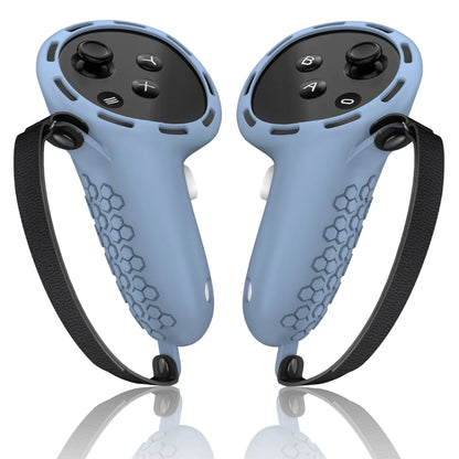 Meta Quest 3 VR controller with black silicone protective sleeve and wrist strap attached