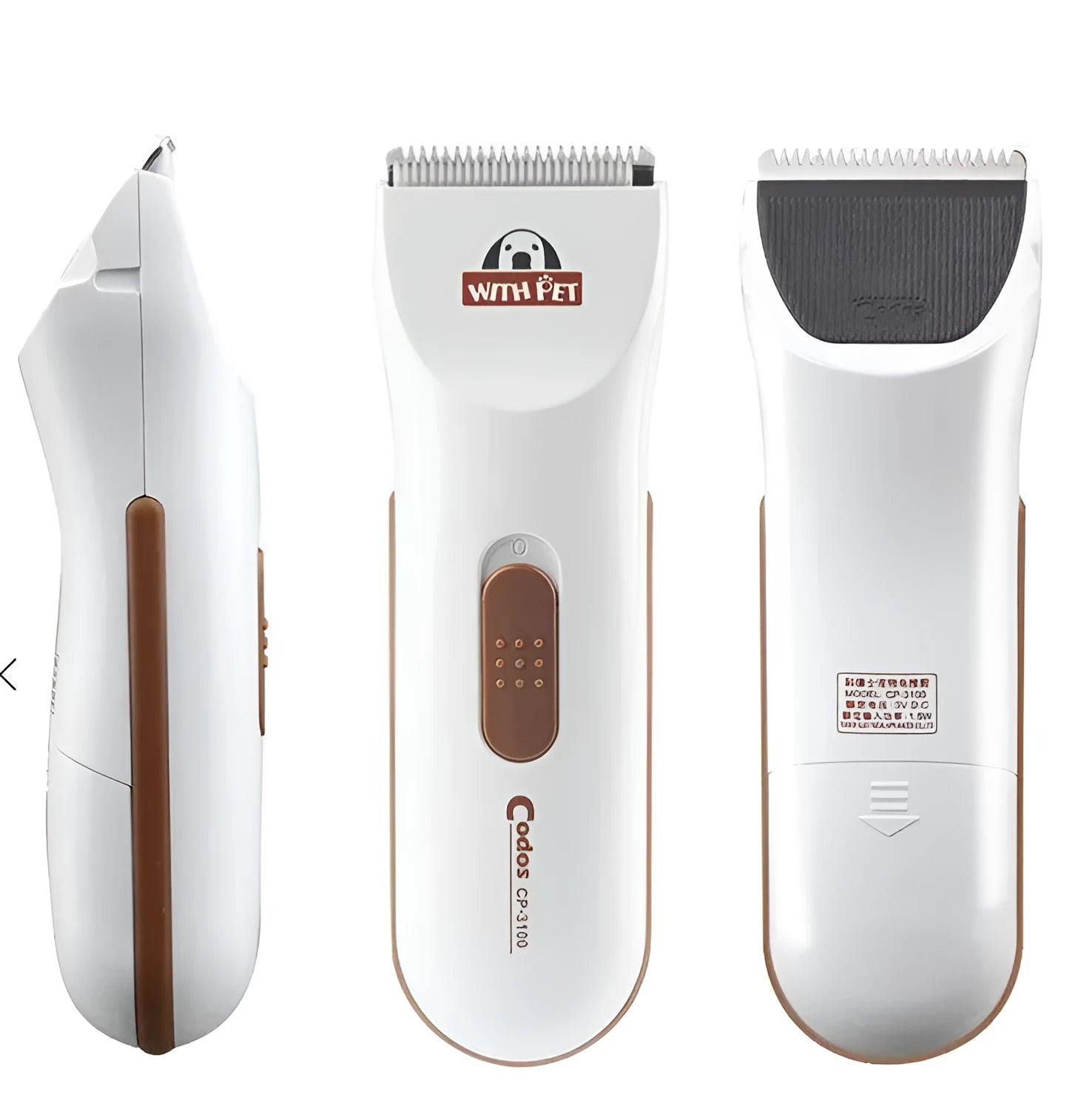 White electric pet hair clipper with ceramic blade showing battery compartment