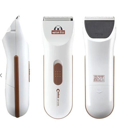 White electric pet hair clipper with ceramic blade showing battery compartment