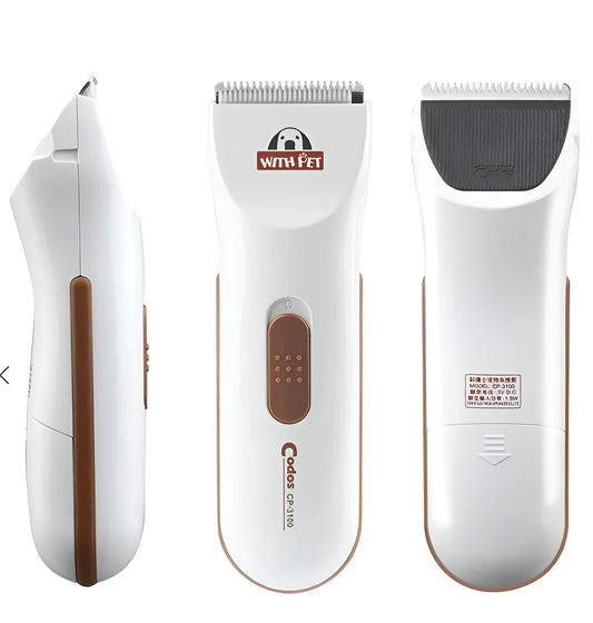 White electric pet hair clipper with ceramic blade showing battery compartment