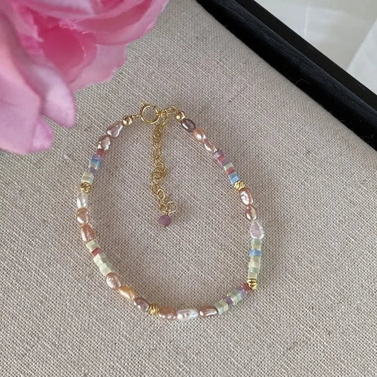Purple natural pearl bracelet and necklace set with 14K gold plating and U-shaped design
