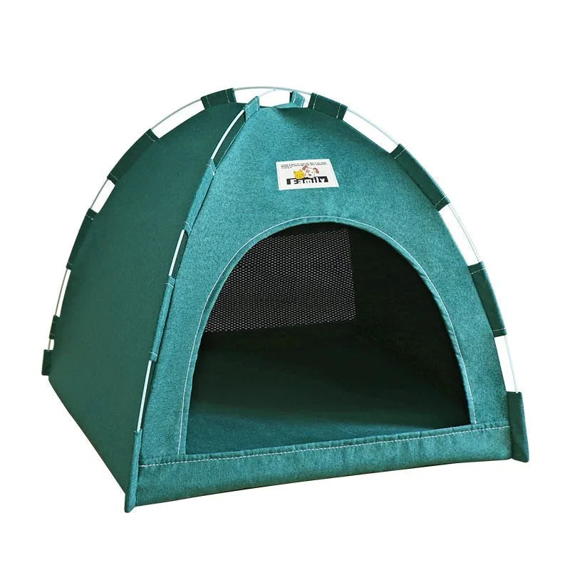 Grey linen-like fabric pet tent for cats and small to medium-sized dogs on a wooden floor.