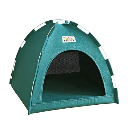 Grey linen-like fabric pet tent for cats and small to medium-sized dogs on a wooden floor.
