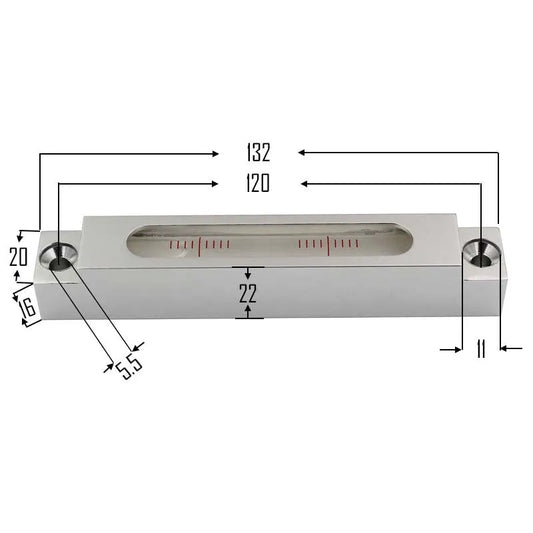 Metal and glass mini strip level showing 132mm length with clear 500 blister vial for precise measurement