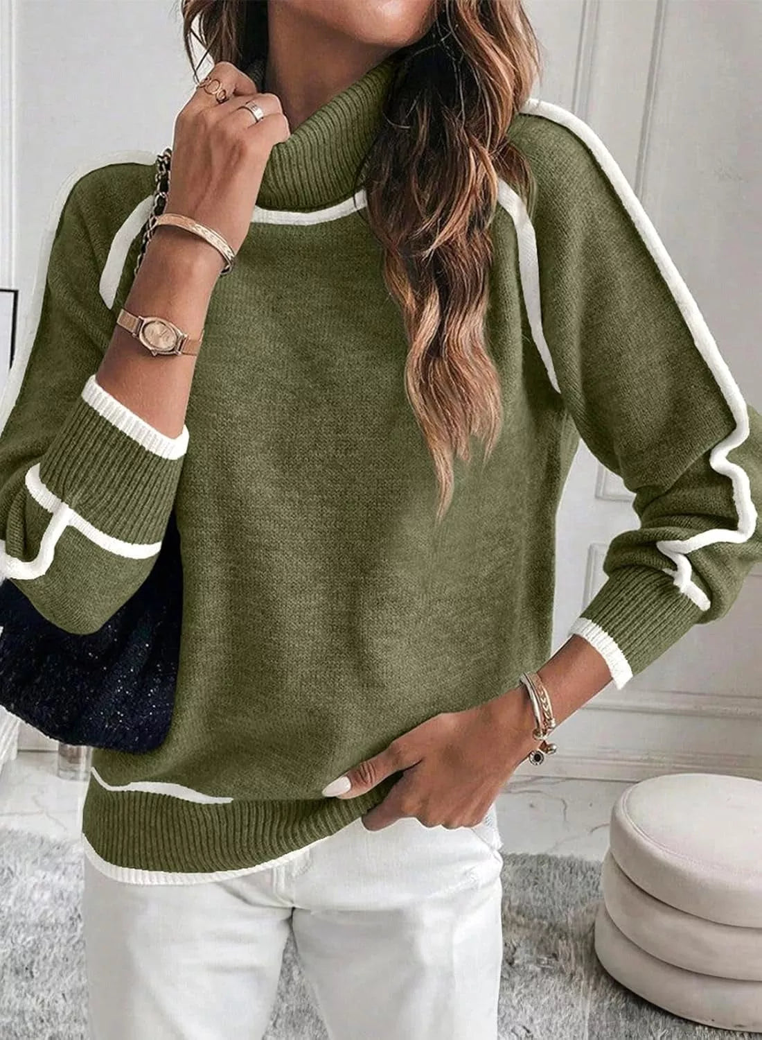 Women's solid color high-neck knit top for autumn and winter in khaki, green, and brown