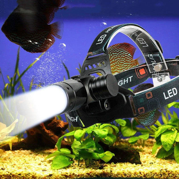 Aluminium alloy diving headlight with elastic headband showing 200-metre irradiation and 80-metre waterproof rating