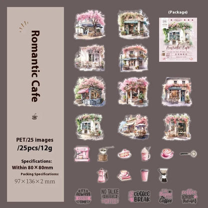 Cafe series retro hand account sticker package with Mori Night Cafe, Green Cafe, and other cafe styles in 25 or 75 sticker packs