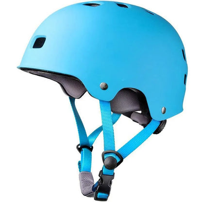 Children's skateboarding helmet in solid colour with ABS shell, shown in size S, M, and L.