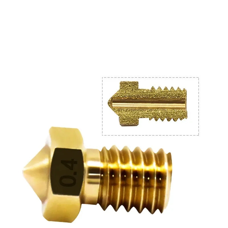Brass 3D printer nozzle with M6 thread showing different outlet aperture sizes on a white background.