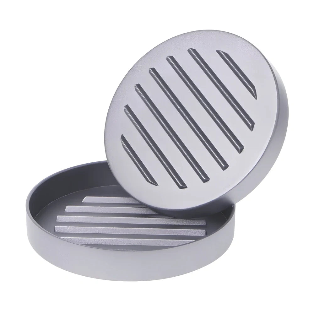 Aluminium burger press with handled plate creating 1cm thick patties on stable base