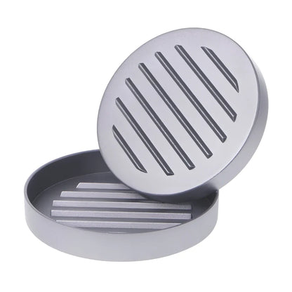 Aluminium burger press with handled plate creating 1cm thick patties on stable base