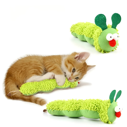 Green rechargeable interactive plush cat toy pillow for motion-activated play.
