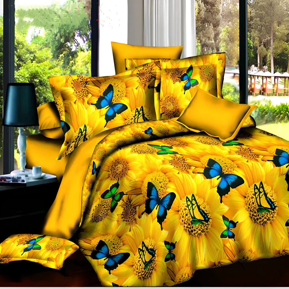 Brushed 3D floral pattern four-piece bedding set with quilt cover, sheets, and pillowcases in blue colour