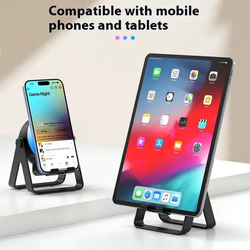 Rechargeable Bluetooth speaker with wireless induction bracket, featuring intelligent LED colourful lighting, voice prompts, and a built-in call function, available in black or white, 5W power, 20Hz-20KHz frequency range.