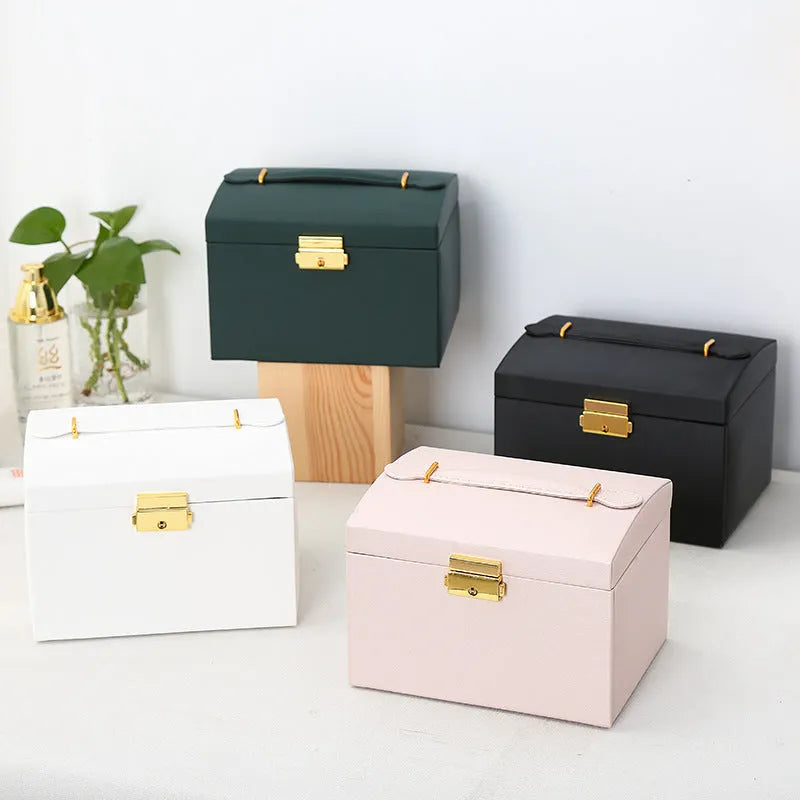 Portable dustproof jewellery box 18x14x13cm in white, pink, green, or black with density plate leather and flannel