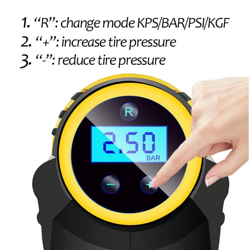 Powerful portable 12V digital air compressor for inflating tires, sports equipment, and more with automatic shut-off to prevent over-inflation