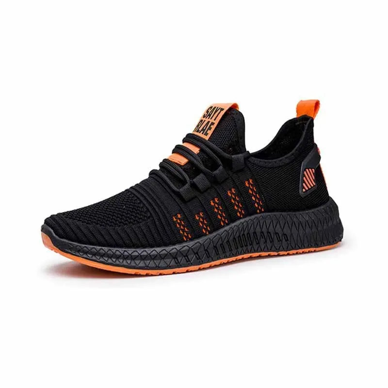 Men's black casual sports shoes with cross-strap detail on a Flying Weave upper and a flat, wear-resistant sole.
