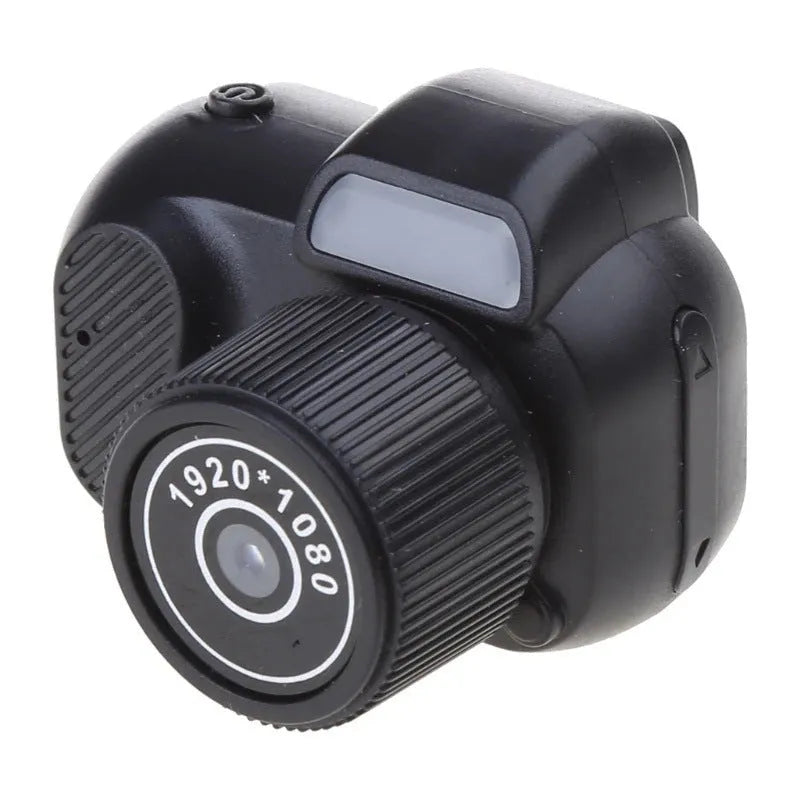 Black retro-style mini camera with display screen for 1080p HD video recording