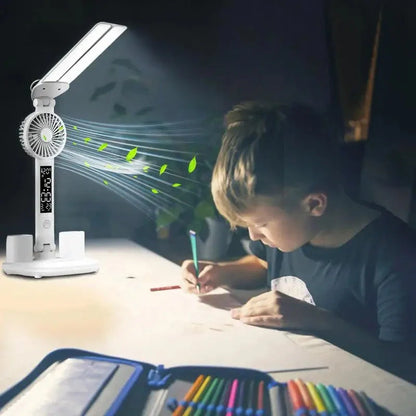 Foldable LED desk lamp with thermometer, calendar, fan, and pen holder