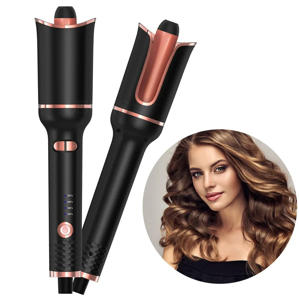 Black automatic hair curler with rotating 16-20mm barrel and digital temperature display showing 10 heat settings