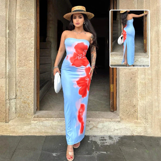 Versatile slit maxi dress in vibrant contrast colors, perfect for summer parties and beach outings