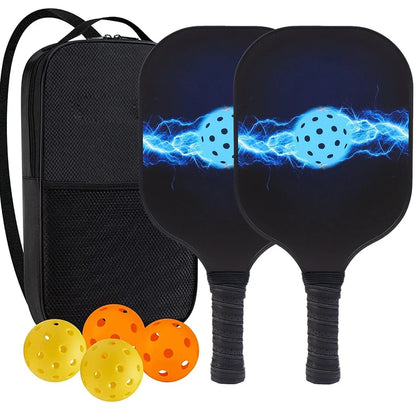 Peak Racket fibreglass squash set showing two rackets and four balls for complete playing equipment