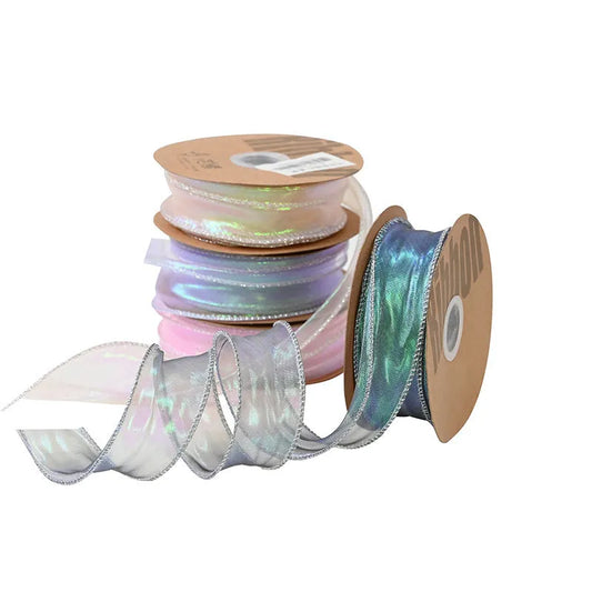 Fishtail yarn ribbon roll showing 4cm width and edge cutting detail in illusion colour options