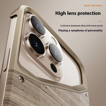 Wood and aluminium alloy iPhone case in dark grey and desert gold, half-pack hollow design for heat dissipation