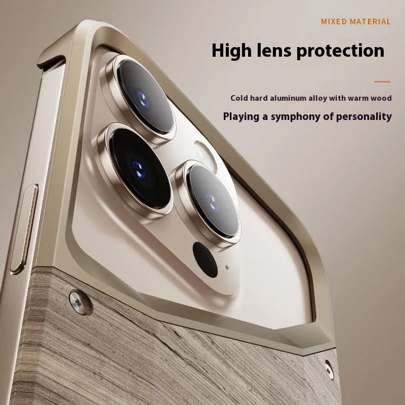 Wood and Aluminium Phone Case for iPhone 15 16 Pro Max Heat Dissipation Hollow Design Half Pack Dark Grey Desert Gold Sprayed Finish