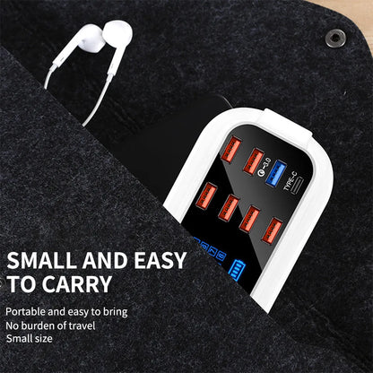 Ceramic white multi-USB fast charger with digital display showing charging voltage and current