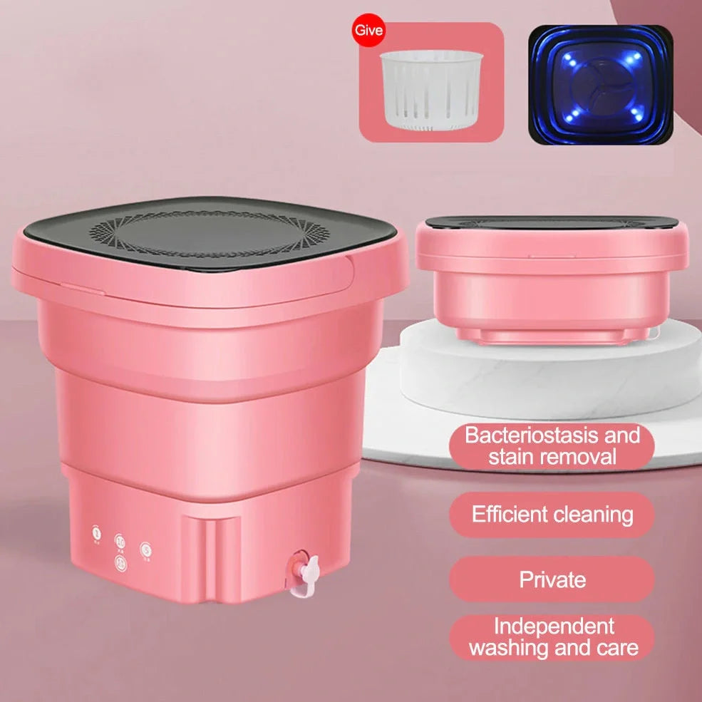 Green portable folding washing machine showing collapsed storage size and antibacterial blue light feature