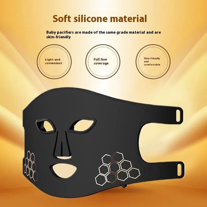 Black LED photon light therapy facial mask for at-home skin treatment on wrinkles and acne.