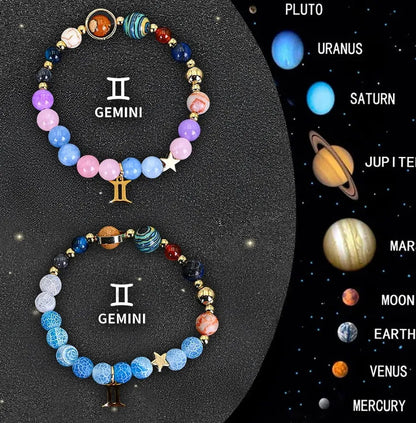 Twelve zodiac sign beaded bracelet set with natural stone beads and adjustable clasp