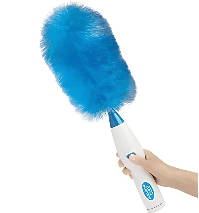 Motorised hand duster with electrostatic bristles cleaning ceiling fan blades