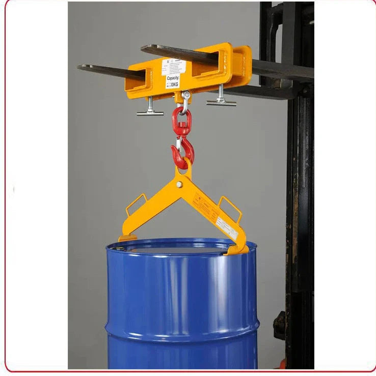 Rotatable drum crane locking forklift hook with safety device and adjustable installation on forklift forks