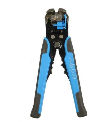Yellow automatic 3-in-1 wire stripper and crimping plier tool on a workbench