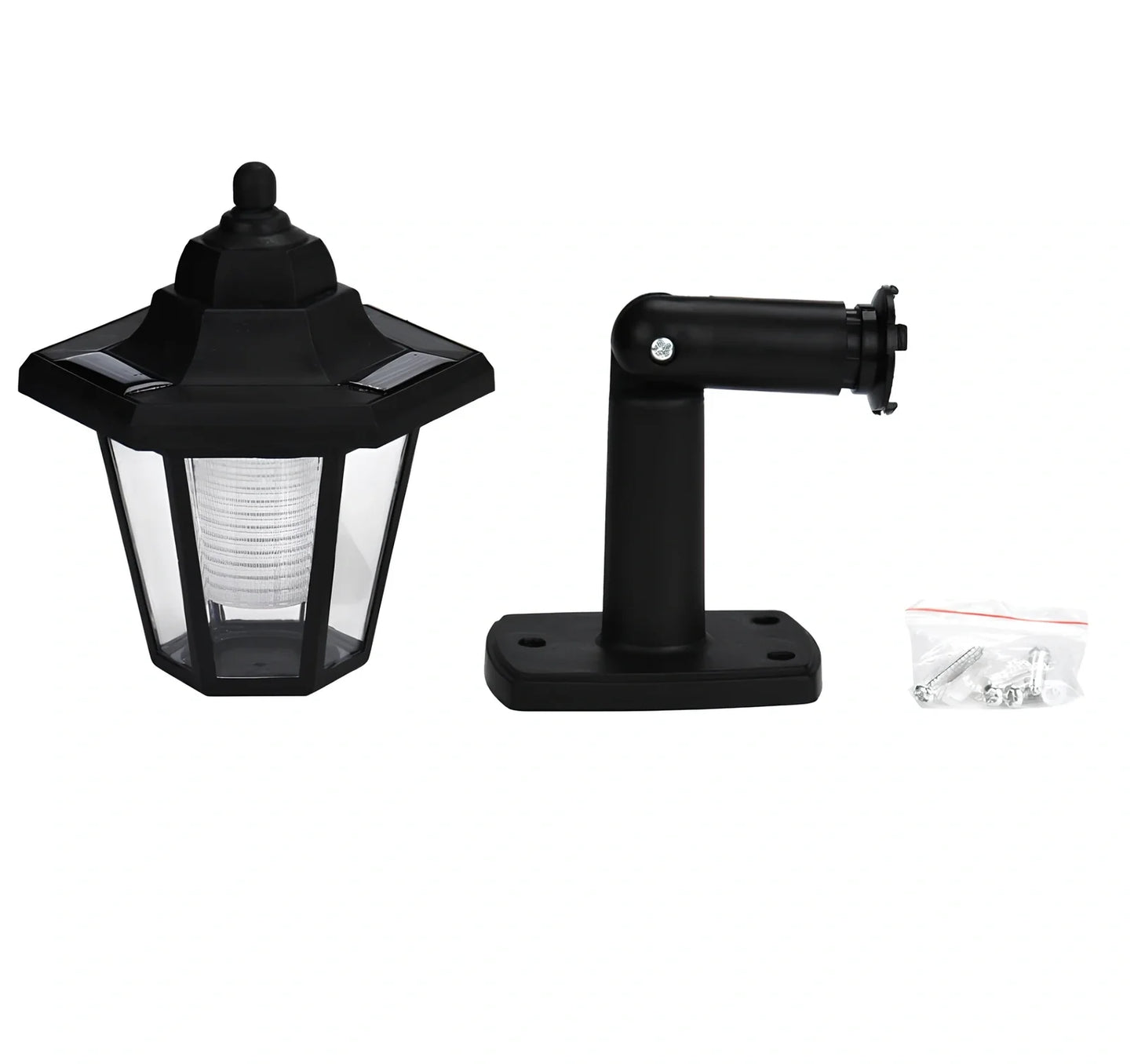 Black hexagonal solar wall lamp with monocrystal silicon panel and automatic light sensor for outdoor use