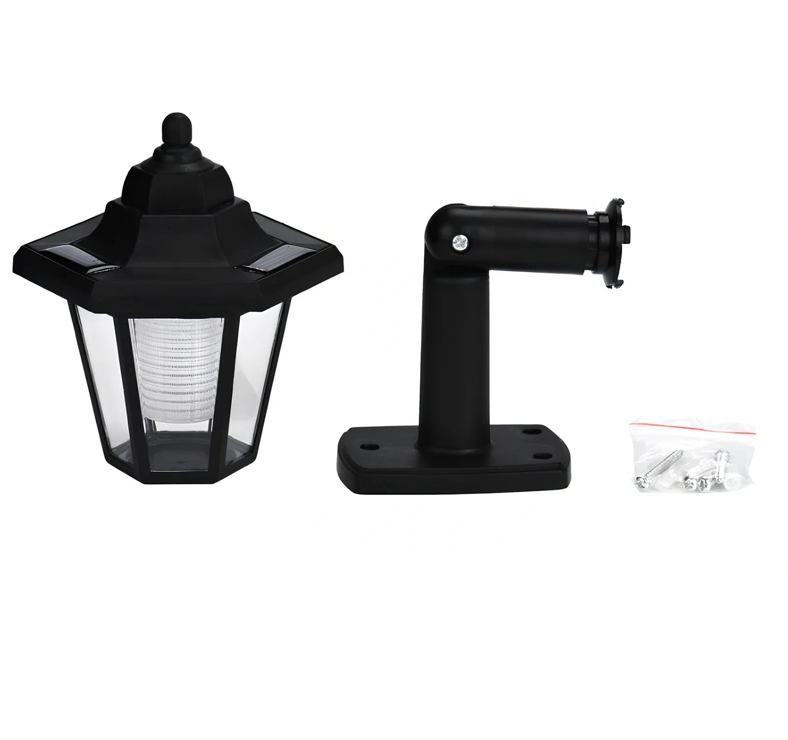 Black hexagonal solar wall lamp with monocrystal silicon panel and automatic light sensor for outdoor use