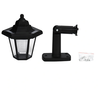 Black hexagonal solar wall lamp with monocrystal silicon panel and automatic light sensor for outdoor use