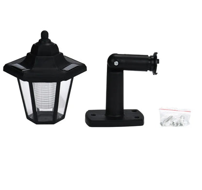 Black hexagonal solar-powered wall lamp for outdoor garden or patio lighting