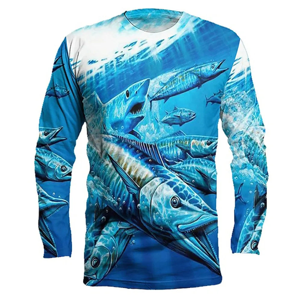 Men's grey pullover top with a colourful printed fish design on the front, showcasing long sleeves and a round neck.