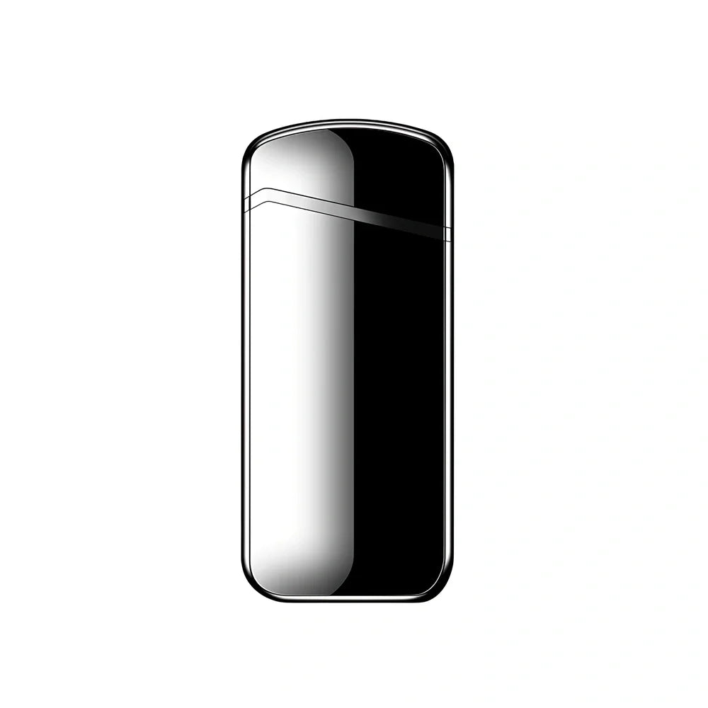 Zinc alloy charging lighter in black brushed finish, 80x35x13 mm with windproof arc and USB port