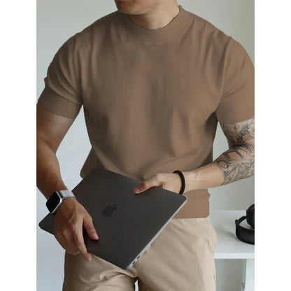 Men's slim-fit solid colour t-shirt in breathable polyester knitwear, shown in multiple colour options.