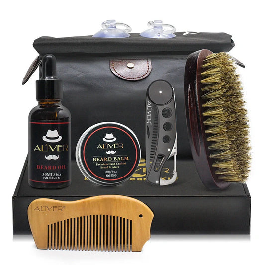 Men's beard grooming set with wooden brush, metal comb, and scissors